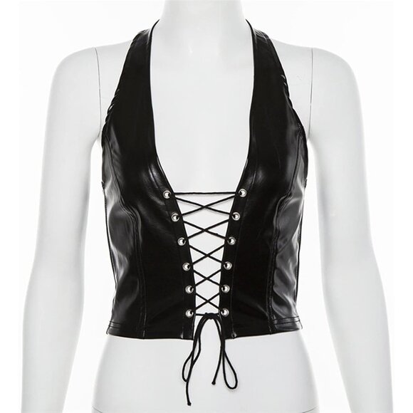 Women Black Adjustable Spaghetti Straps Pu Leather Bustier Crop Top Rave Outfit - Picture 4 of 6